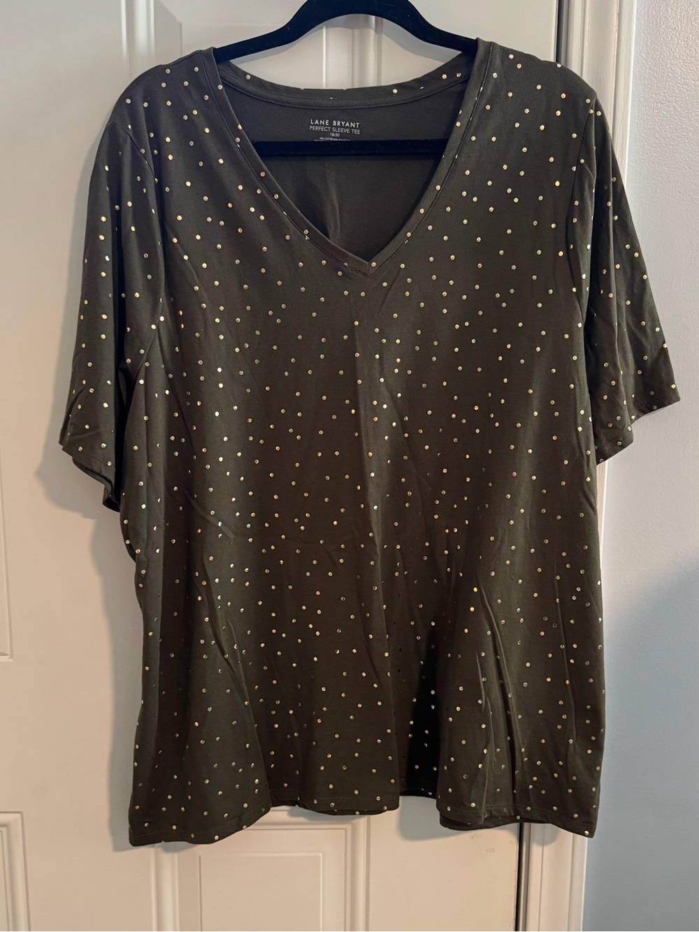 Lane Bryant Olive V-Neck Polka Dot Short Sleeve Tee, Size 18/20